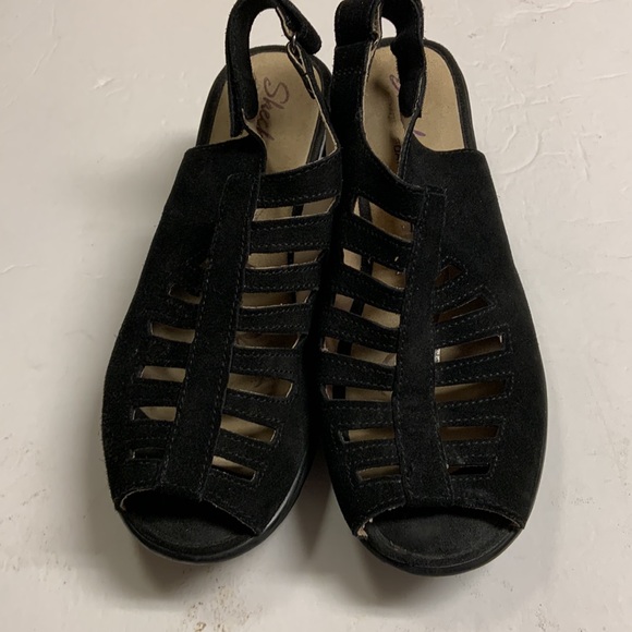 Womens Skechers Parallel Trapezoid Black Suede Wedge Sandals Sz 8 Memory Foam - Picture 2 of 5